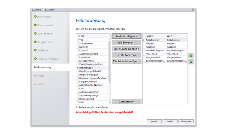 Zuordnung der DATANORM-Felder zu Excel-Spalten