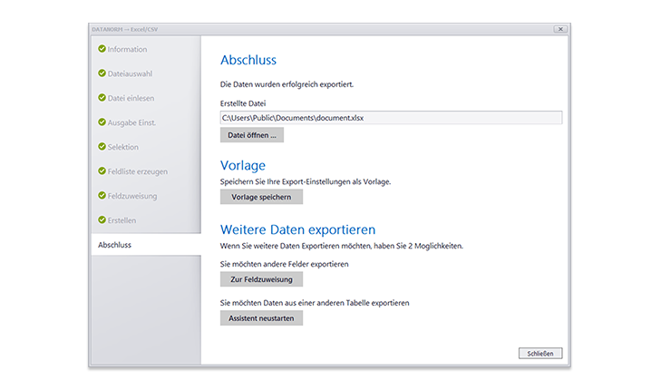 Abschluss der Excel- oder CSV-Konvertierung