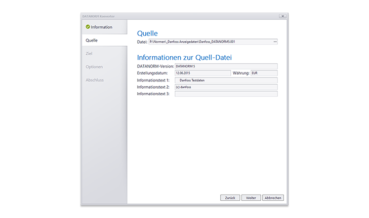 Auswahl der DATANORM-Datei für die Versionsänderung
