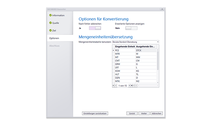 Optionen des DATANORM-Konverters